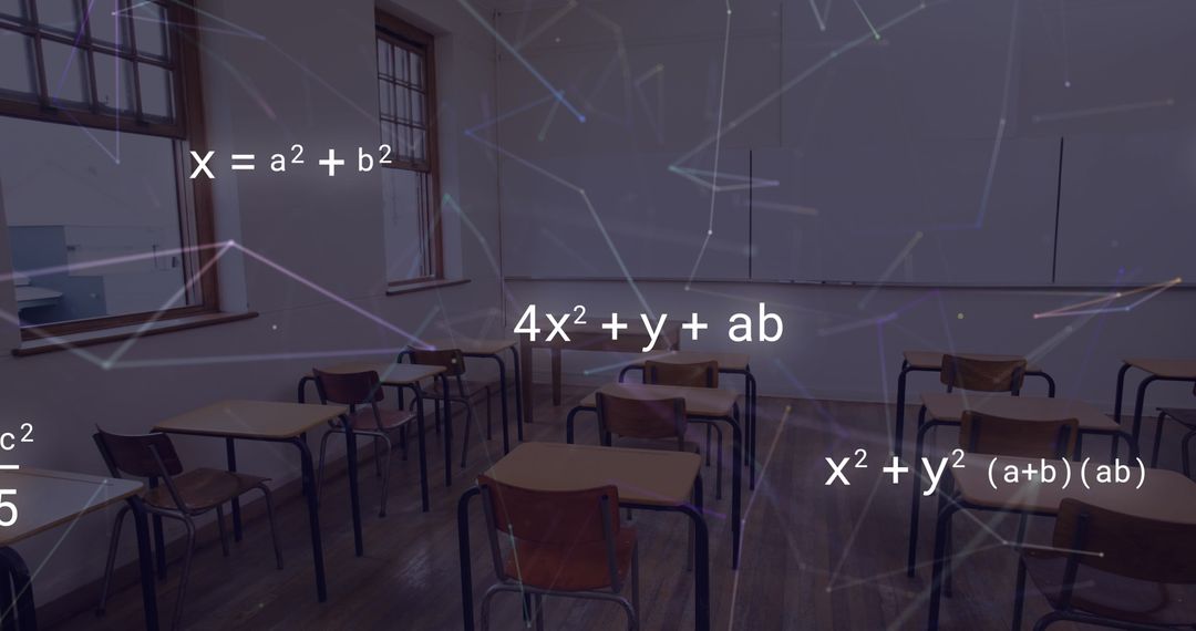Digital Math Equations Overlaying Empty Classroom