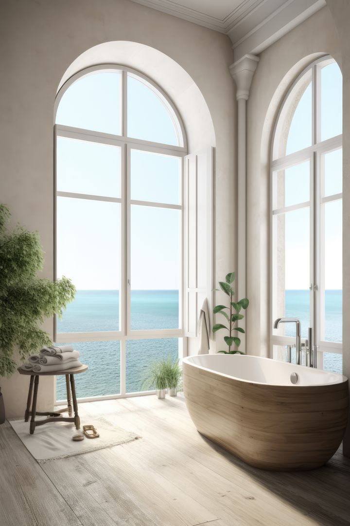 Bright eclectic bathroom with large windows and view to sea, created using generative ai technology - Free Images, Stock Photos and Pictures on Pikwizard.com