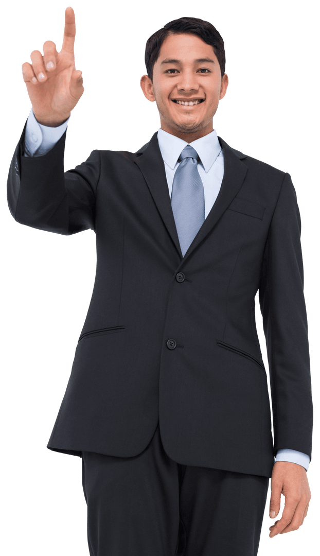 Happy Biracial Businessman Interacting with Transparent Virtual Interface