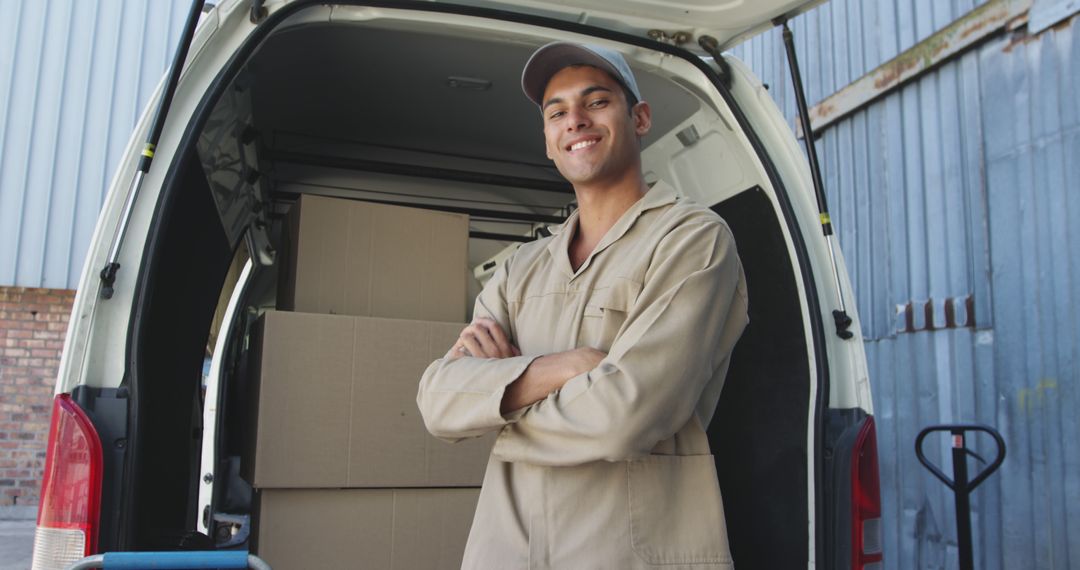 Confident Delivery Worker Standing in Vehicle with Cardboard Boxes - Free Images, Stock Photos and Pictures on Pikwizard.com