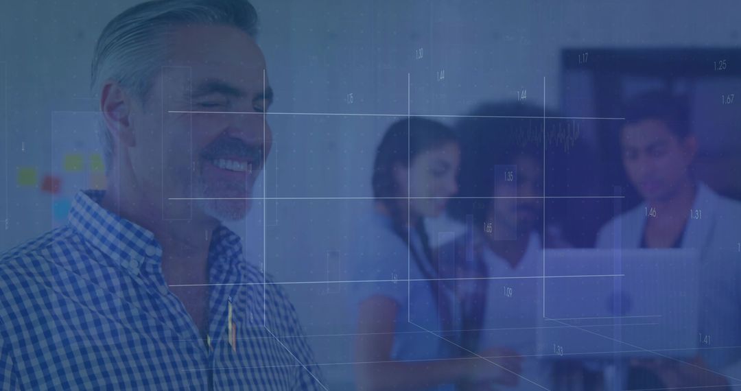 Mature leader smiling and observing team collaborating with digital analytics overlay