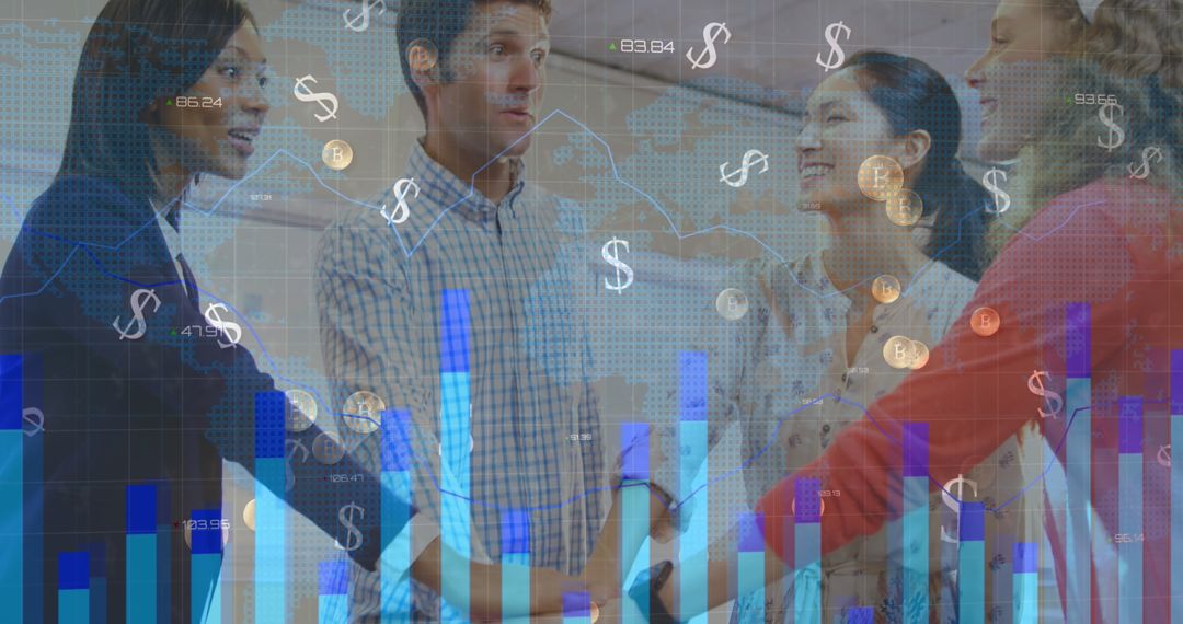 Diverse business team celebrating success with financial overlay