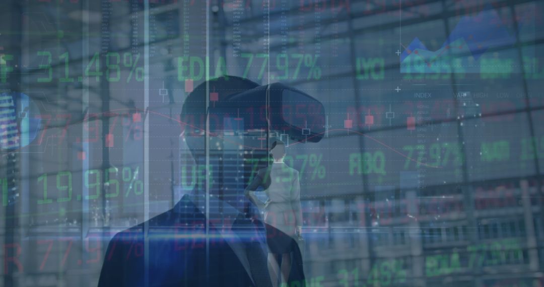Businessman Analyzing Financial Data with VR Headset