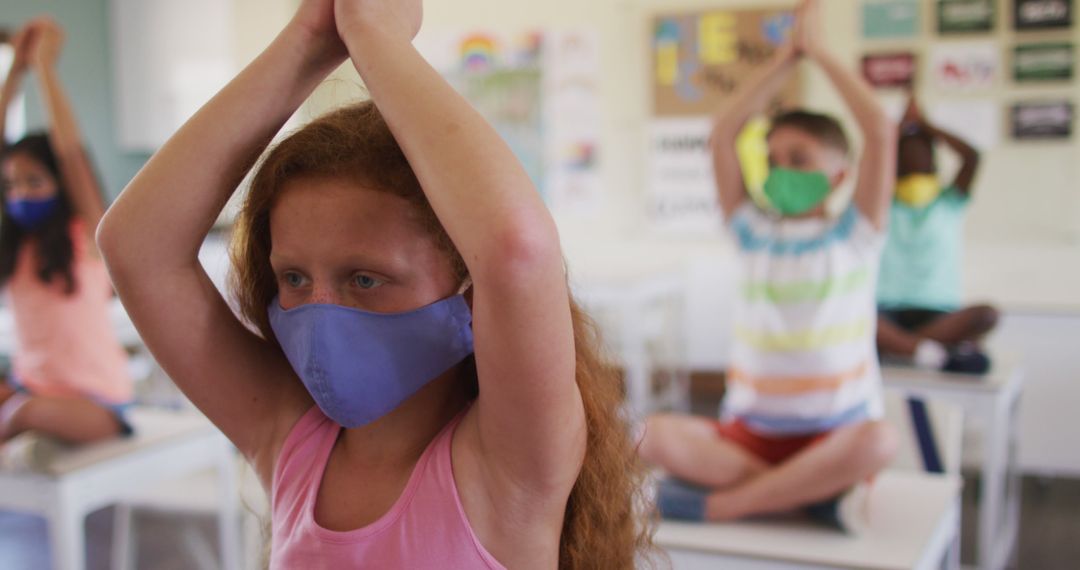 Children Practicing Yoga with Masks at School