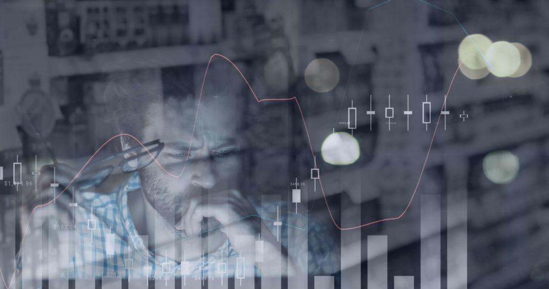 Businessman Analyzing Financial Markets on Computer, Data Overlay