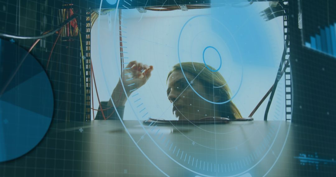 IT Technician Analyzing Data in High-Tech Server Room