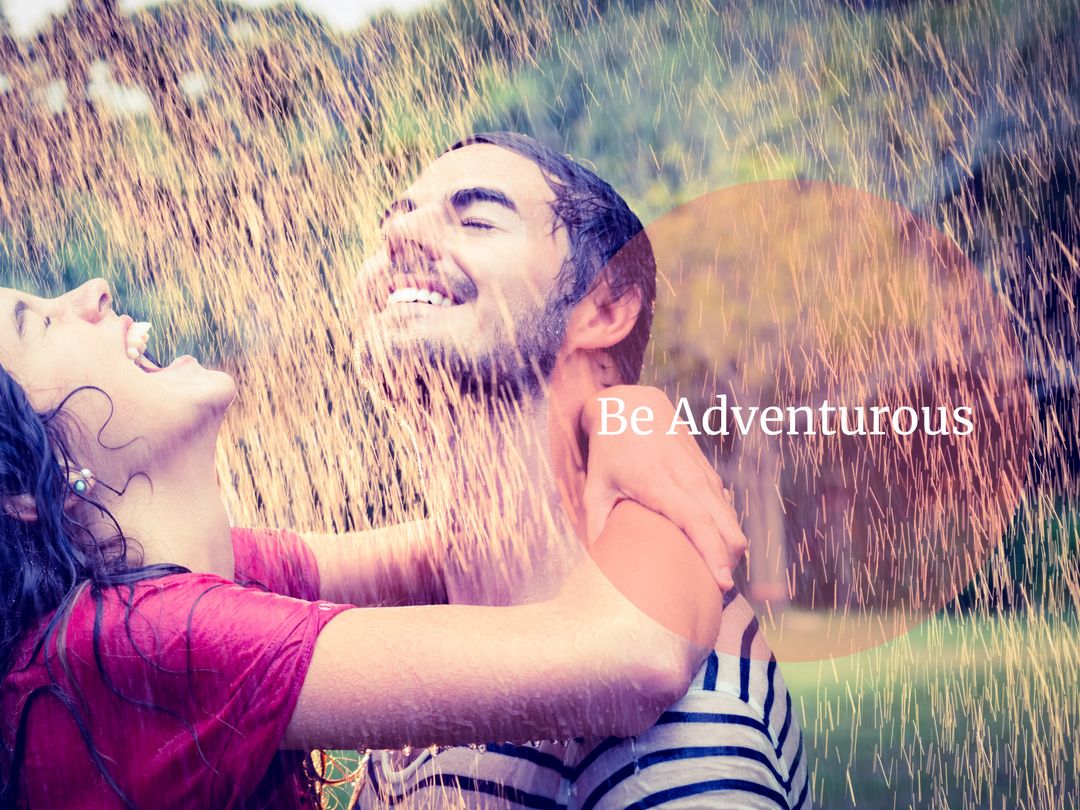 Couple Laughing in Rain Promoting Joyful Adventure