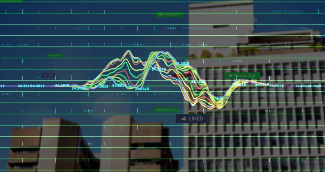 Data Visualization Overlay on Urban Skyline with Analytics Graph