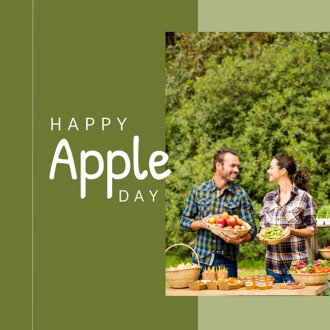 Happy Apple Day Celebration with Joyful Couple and Fruit Baskets