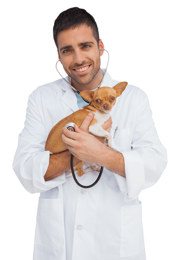 Happy Veterinarian with Dog on Transparent Background Smiling
