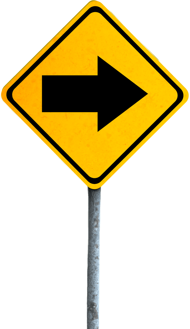 Yellow Road Sign with Black Arrow on Transparent Background