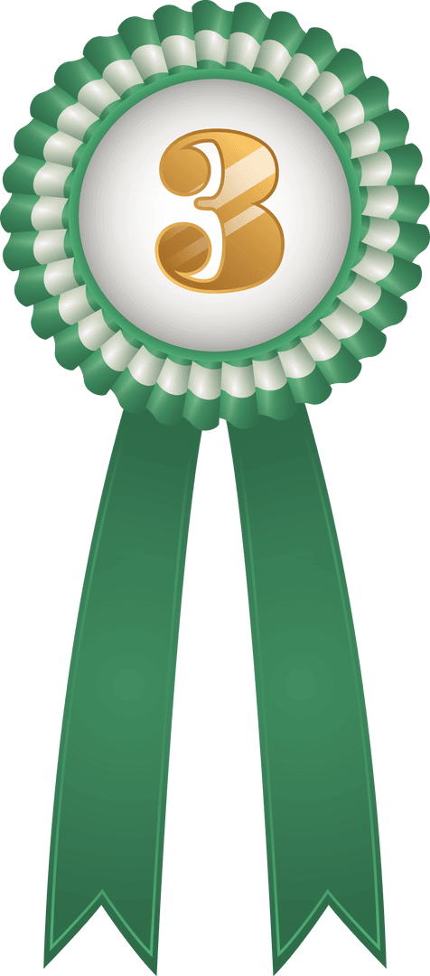 Green Winning Badge with Ribbon and Number 3 on Transparent Background