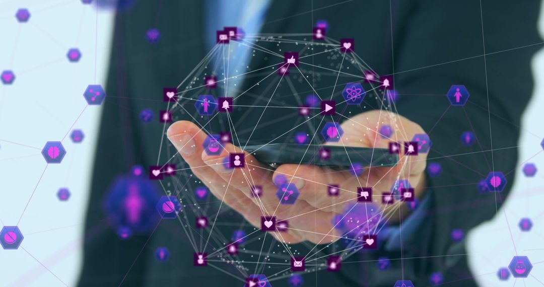 Businessman Using Smartphone with Digital Network and Icons Overlay