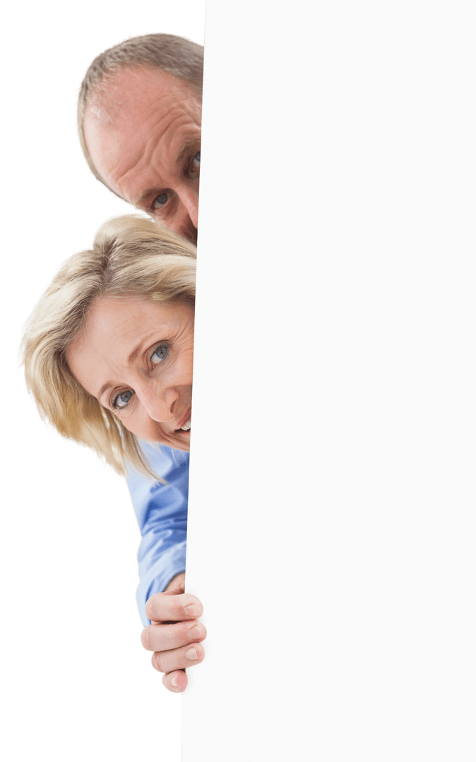 Mature Couple Peek Around Transparent Blank Space