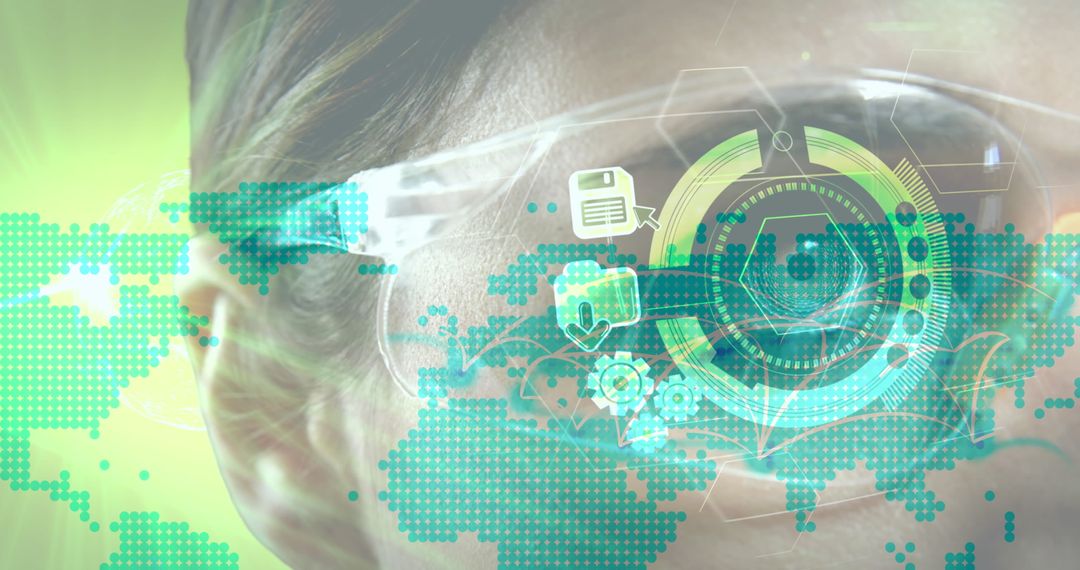 Woman in VR Headset with Digital World Connection Interface