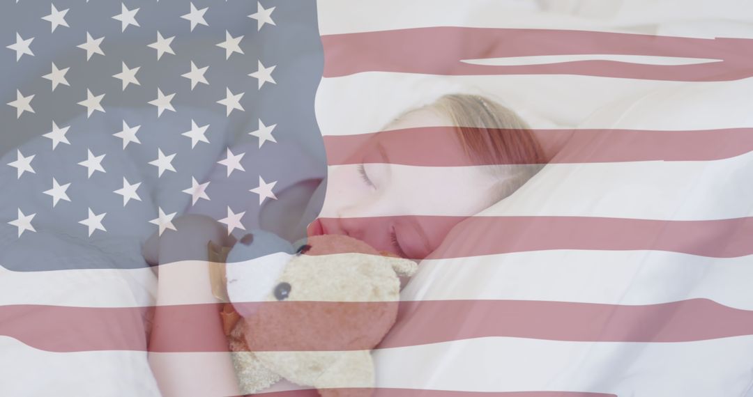 Child Sleeping with Teddy Under Transparent American Flag