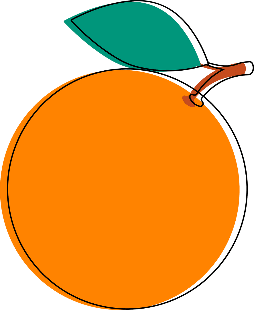 Flat Cartoon Orange Graphic with Green Leaf on Transparent Background