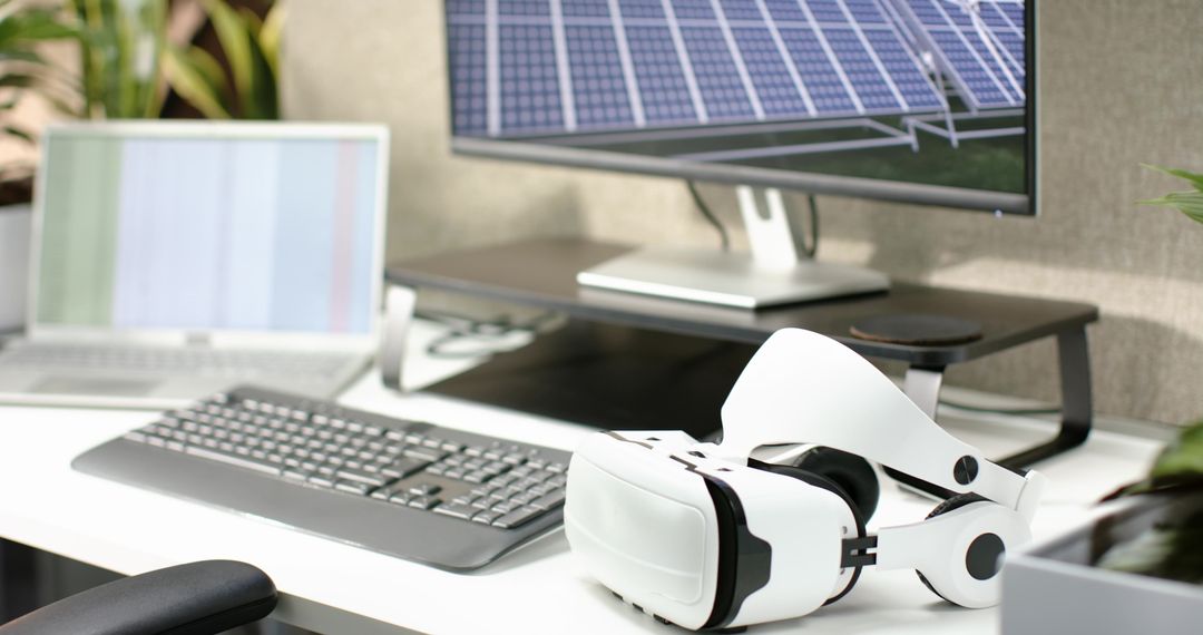 Modern Desk with VR Headset and Solar Panel Display