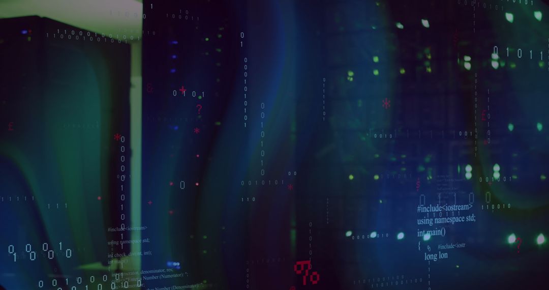 Digital Code Overlay in Server Room Representing Cybersecurity