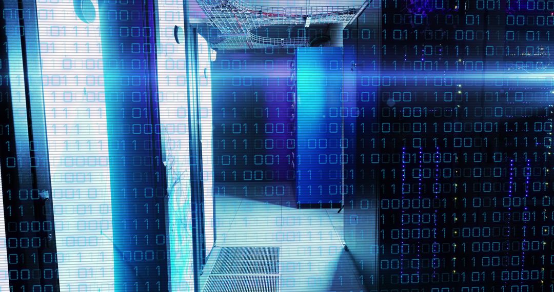 Futuristic Data Center with Digital Binary Overlay