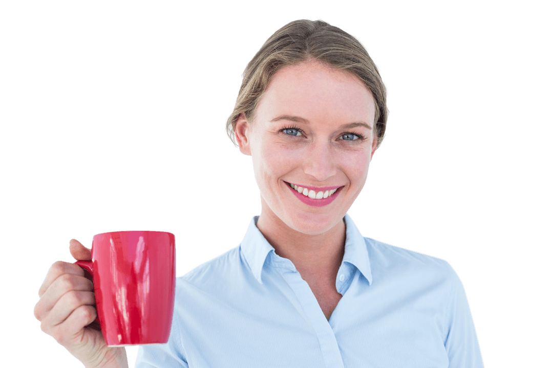 Smiling Businesswoman Holding Red Mug on Transparent Background