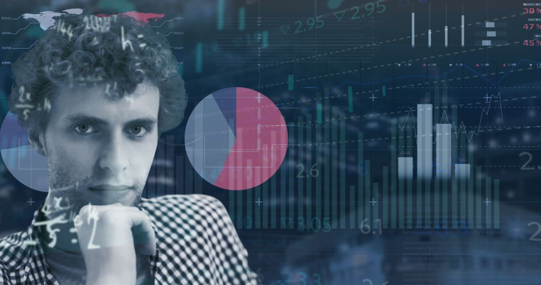 Businessman Analyzing Financial Data and Statistics Overlay