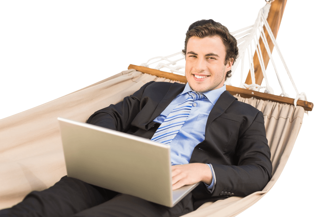 Relaxed Businessman Working on Laptop in Hammock Transparent Background