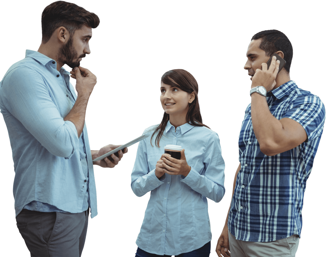 Transparent Business Team Engaging in Casual Discussion