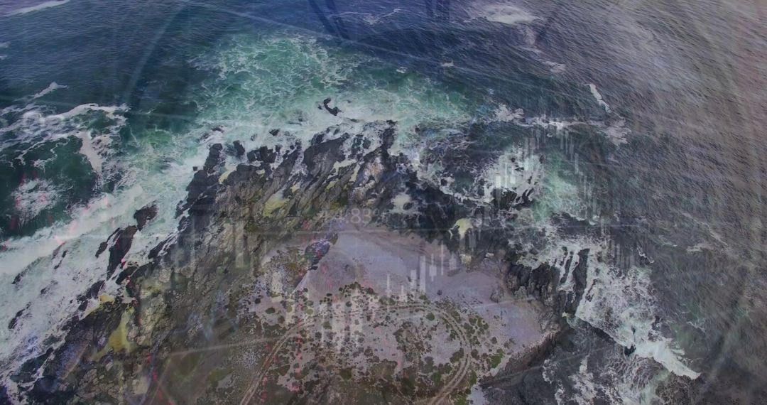 Financial Data Overlay on Ocean and Landscape Aerial View