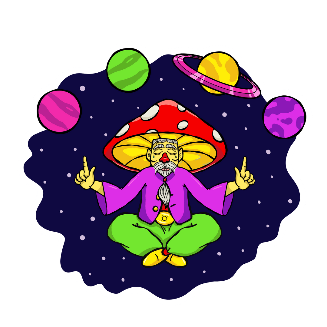 Colorful Cosmic Sage Levitation Under Mushroom Hat, Surreal Transparent Theme