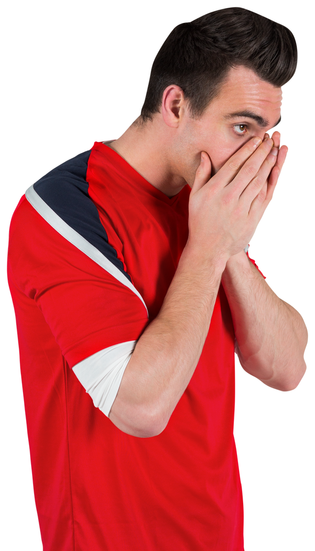 Transparent nervous football fan in red shirt looking ahead covering mouth - Download Free Stock Images Pikwizard.com