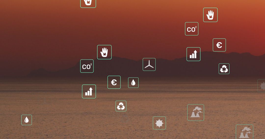Sustainability Icons Overlay on Scenic Sunset Ocean View