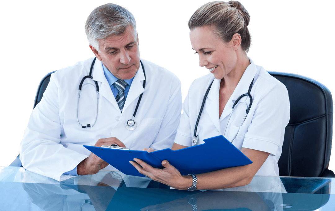 Medical Professionals Discussing over Notes with Transparent Background
