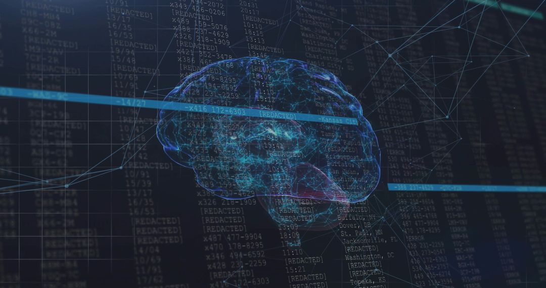 Futuristic 3D Brain Hologram Amidst Digital Code and Data Networks