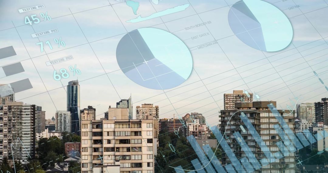 Cityscape with Overlay of Business Data and Digital Charts