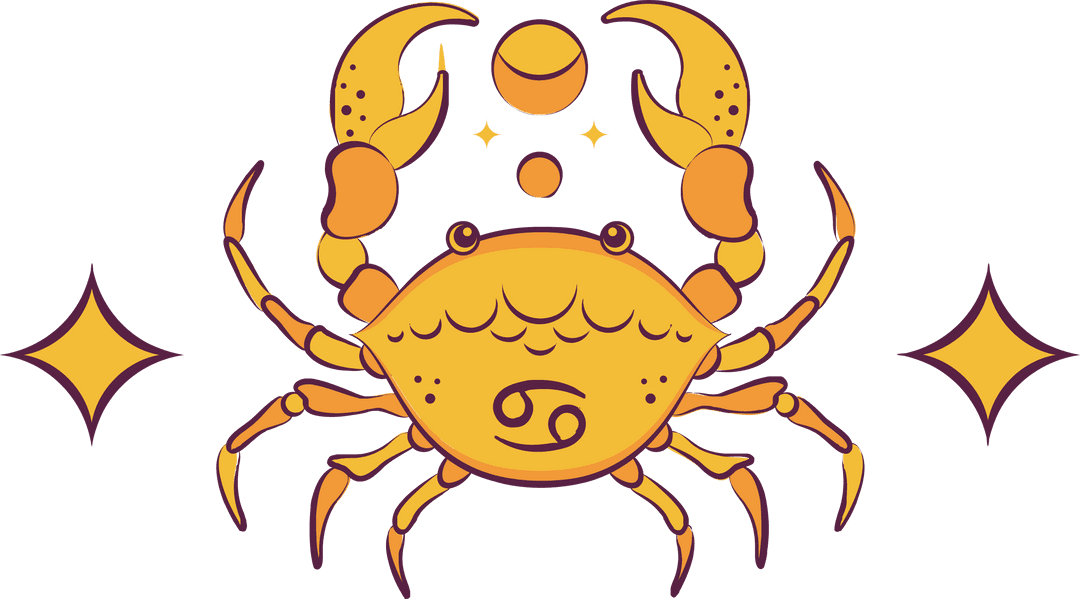 Stylized Yellow Crab with Cancer Glyph on Transparent Background