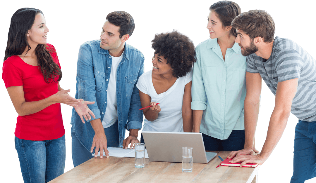 Transparent Team Collaboration Around Laptop at Workspace