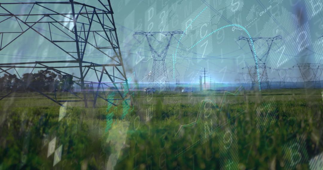High-Voltage Towers and Wireframe Surrounded by Futuristic Digital Data
