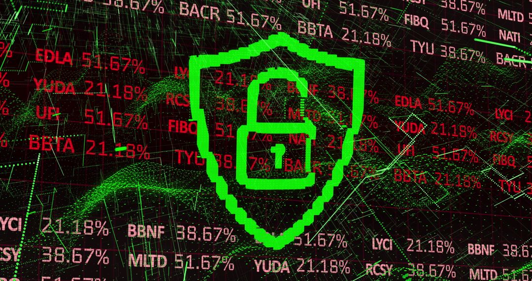 Digital Security Concept with Neon Green Shield and Ticker Codes