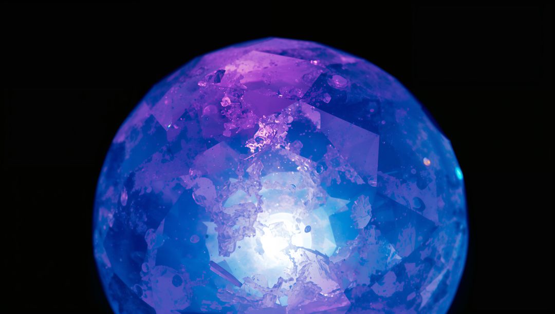 Glowing faceted crystal sphere revealing blue-violet core with luminous inclusions