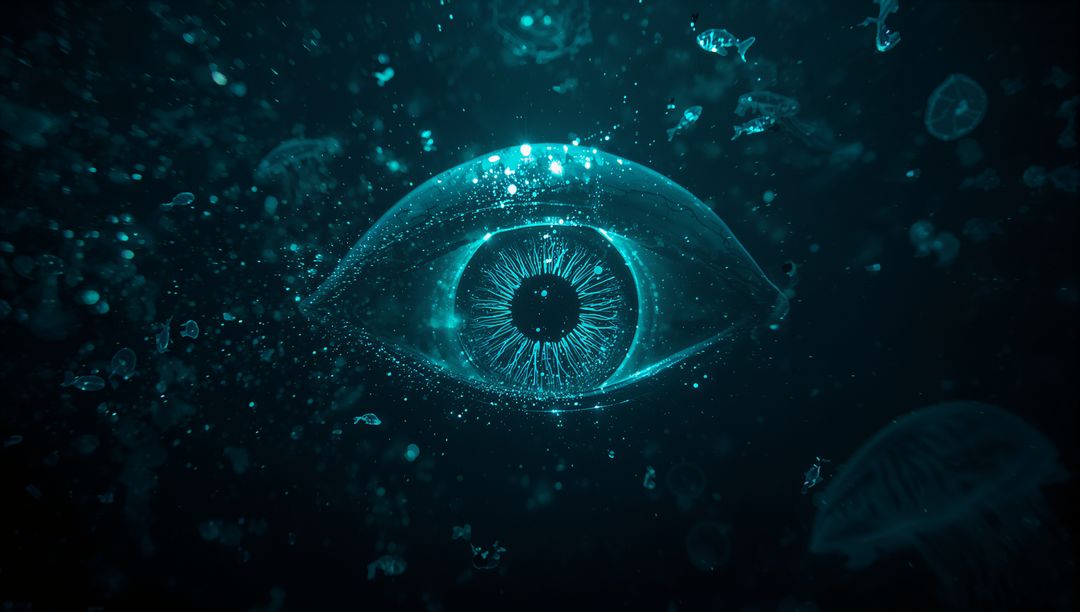 Futuristic Cyan Eye with Bioluminescent Surroundings in Teal Ocean Depths
