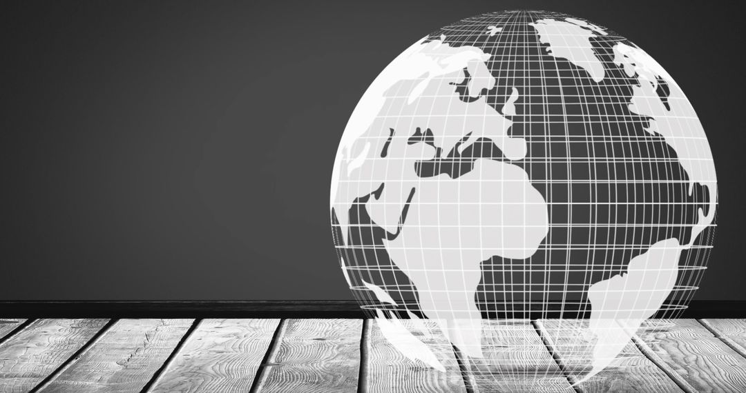 Spinning White Globe on Wooden Surface with Copy Space