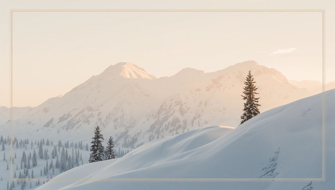 Solitary evergreen standing on sunlit snowy ridge with alpine peaks and winding tracks