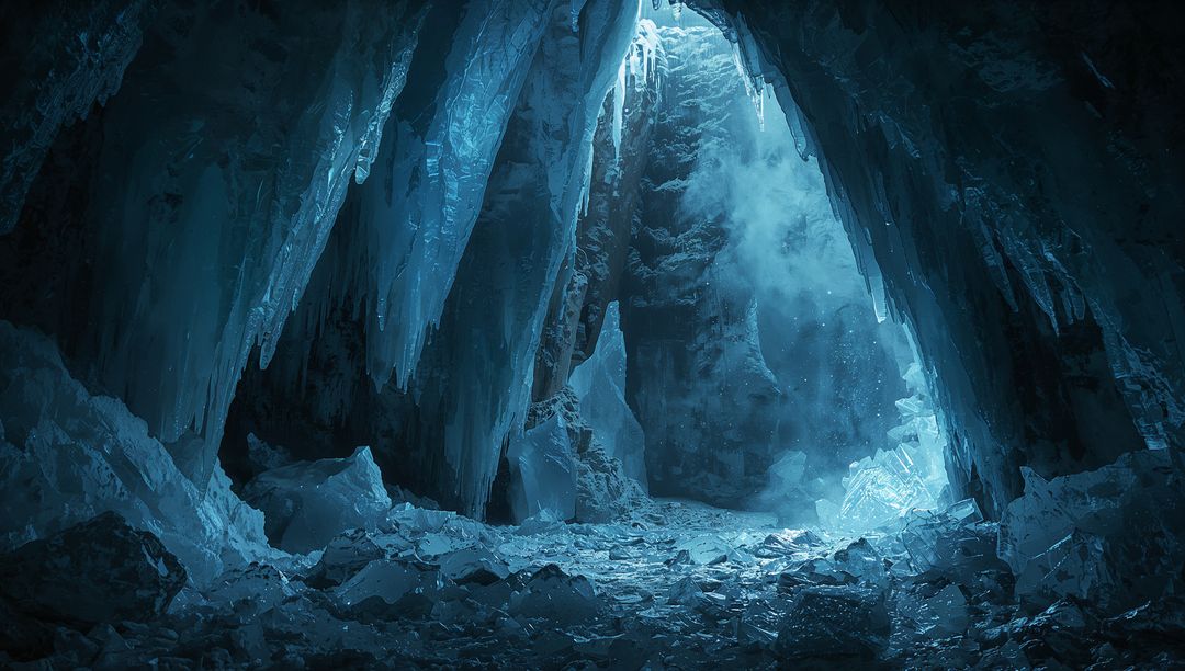 Majestic Ice Cave with Striking Icicles and Mist Illuminating Crystal Shards