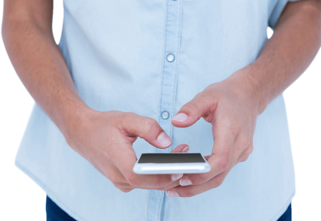 Close-up of Hands Holding Smartphone on Transparent Background