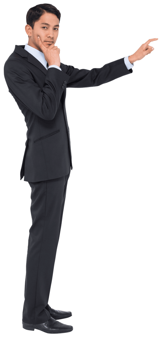 Transparent Asian Businessman Pointing in Suit Perfect for Presentations