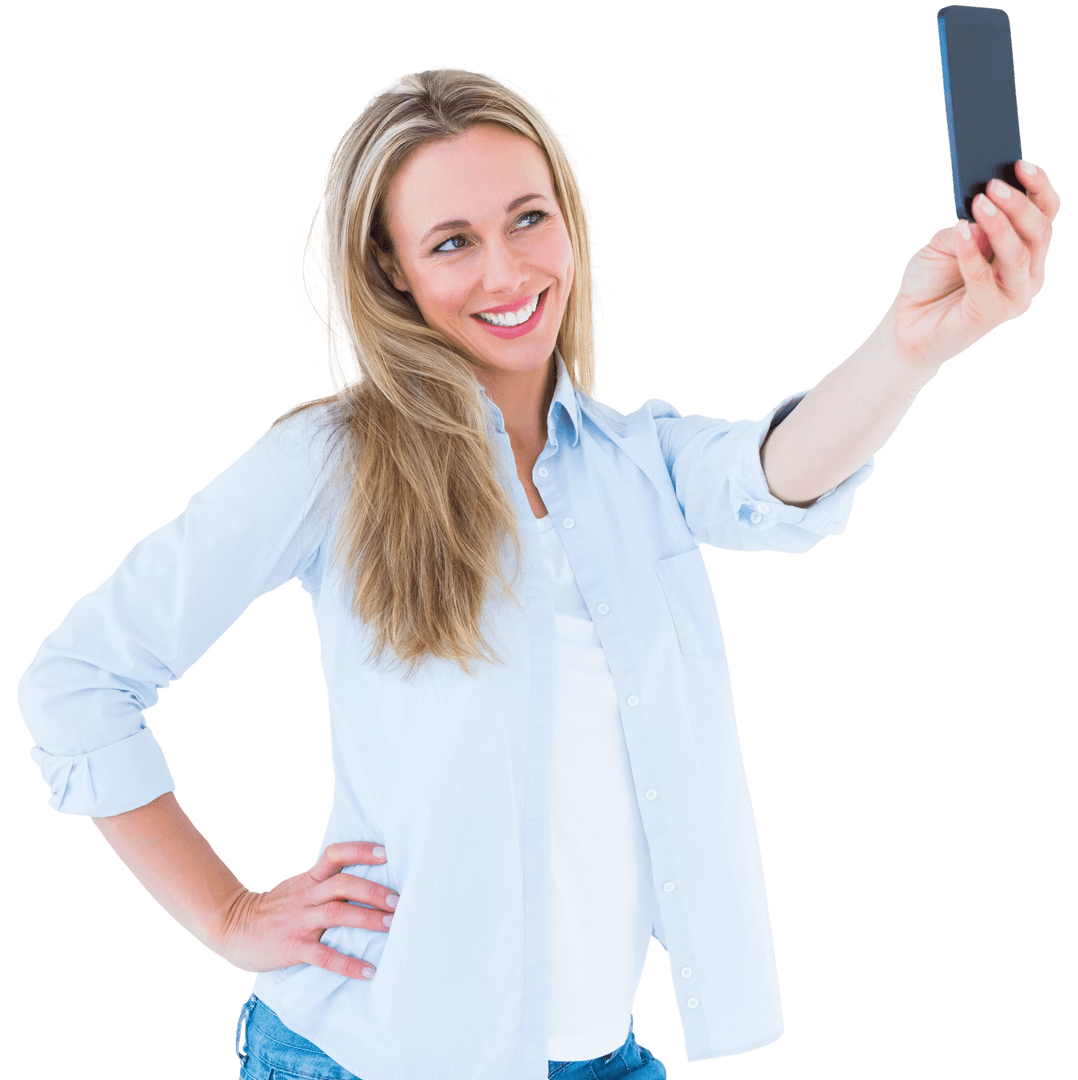 Transparent Selfie Smiling Blonde Holding Smartphone