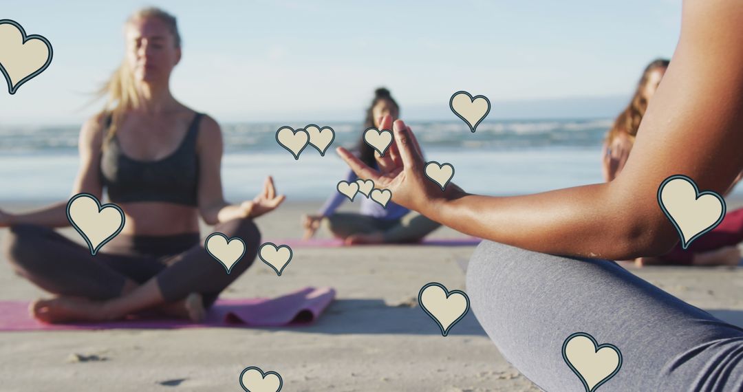 Meditative Yoga Practice on Beach with Heart Graphics