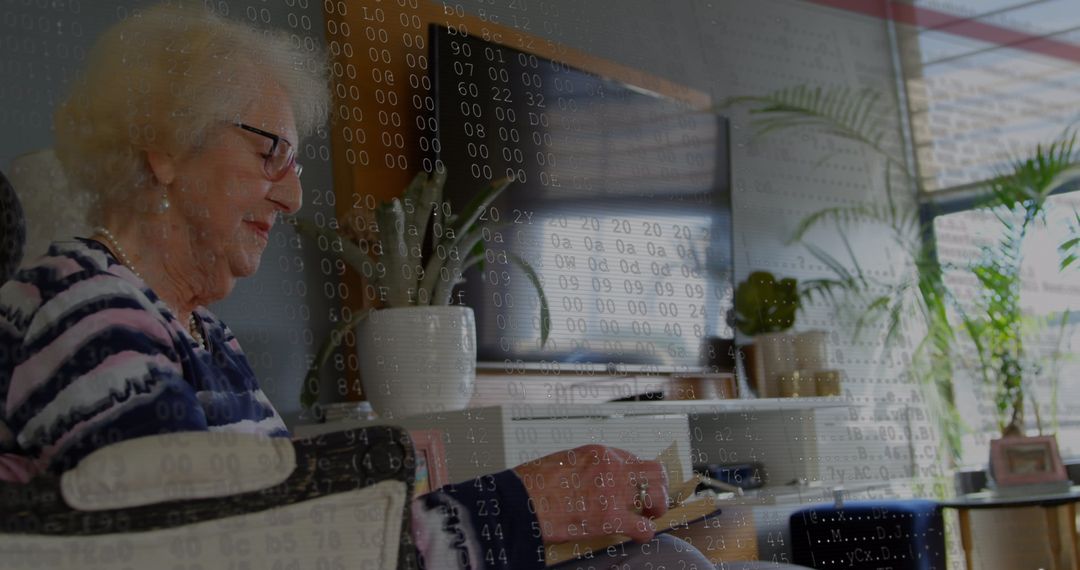 Senior Woman Reading Book at Home Inside Digital Interface Concept