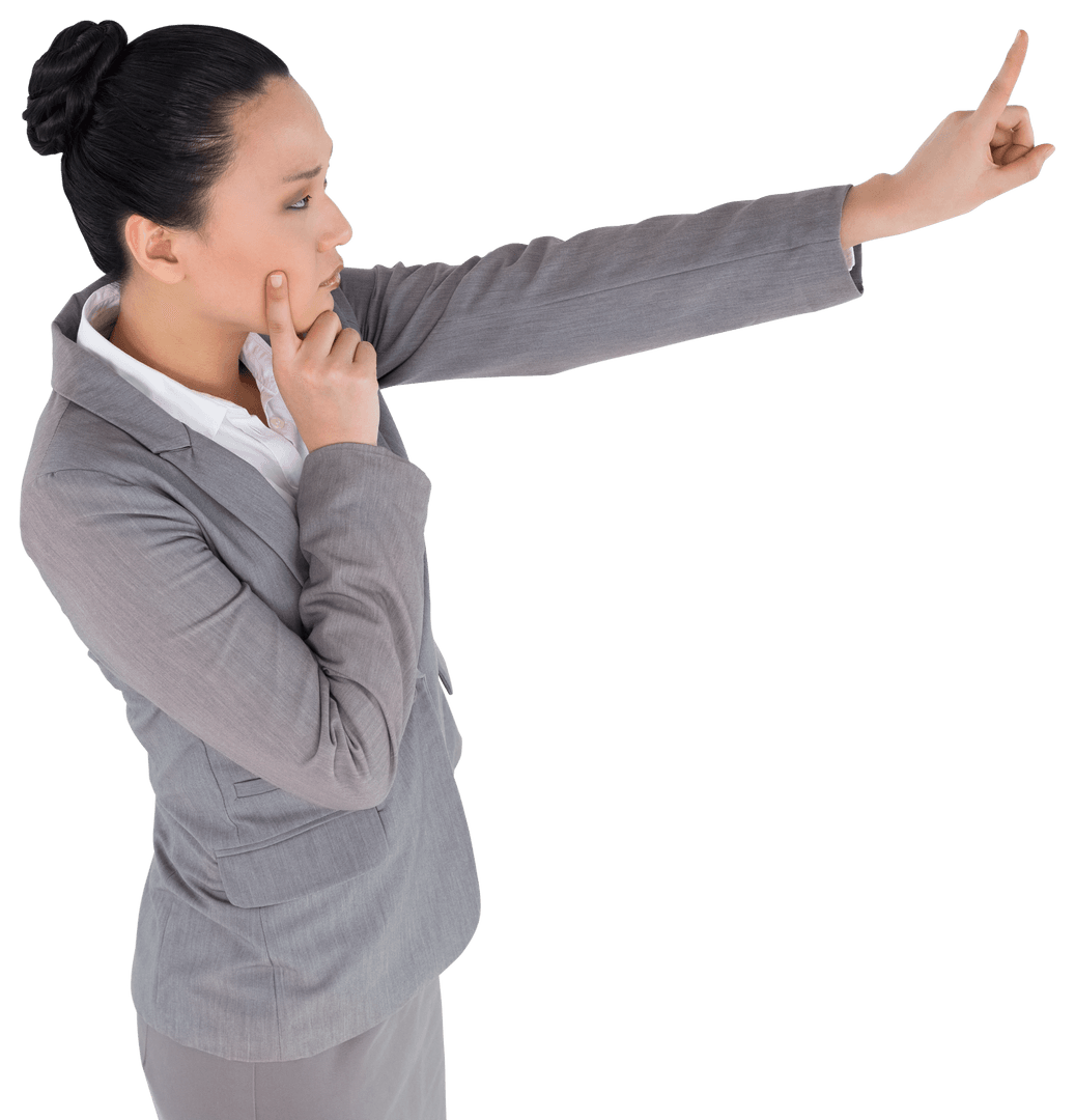 Focused Asian Businesswoman Pointing on Transparent Background